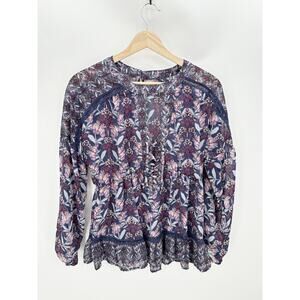 Taylor & Sage Purple Floral Long Sleeve Blouse Cut Out Front Tie Detail Women M